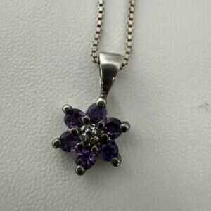 Ross Simons Sterling Silver Natural Amethyst Genuine Diamond Flower 18" Necklace